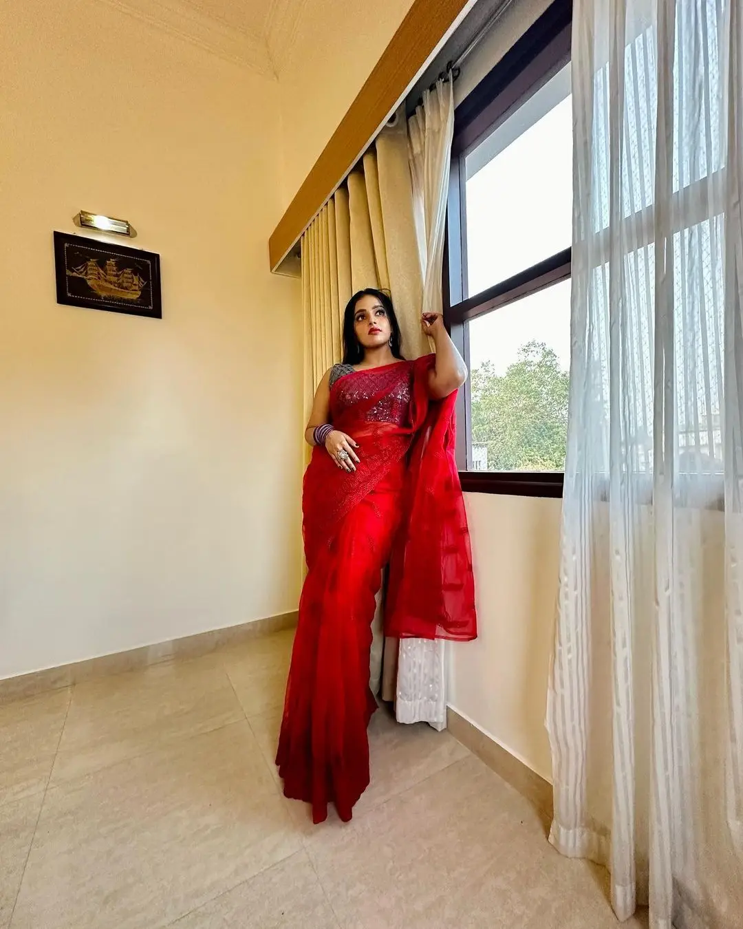 Malayalam Actress Malavika Menon In Red Saree Sleeveless Blue Blouse